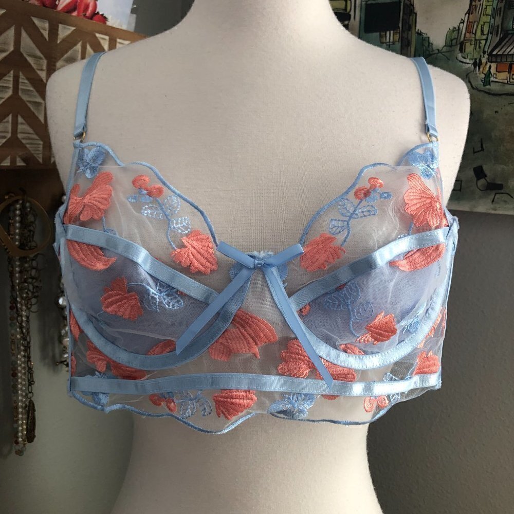 Embroidered Underwire Bralette Women's size 1X Semi Sheer Light Blue & Pink NEW